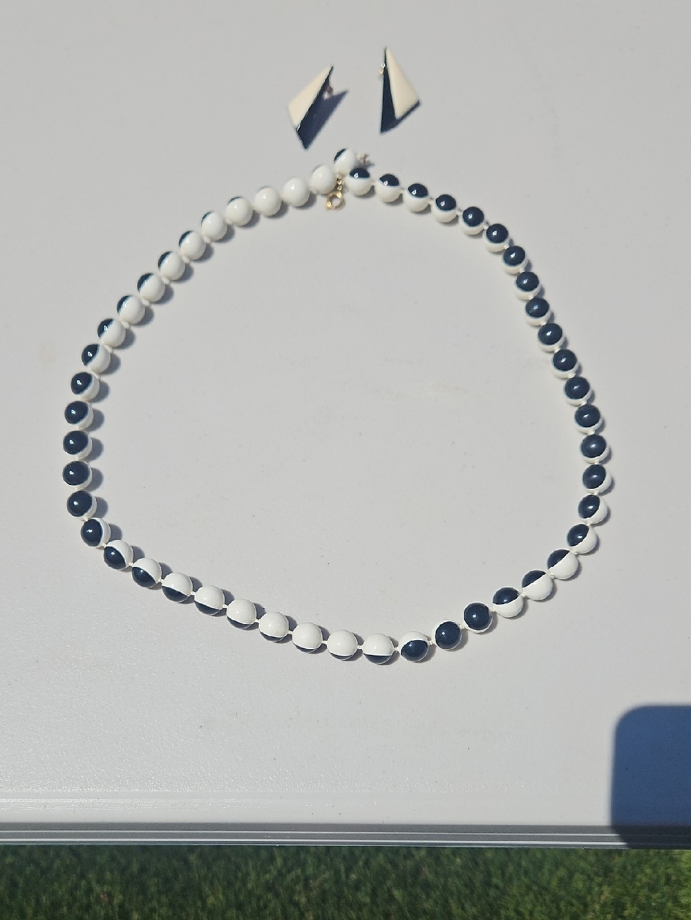White and Navy Beaded Women's Necklace with Matching Earrings